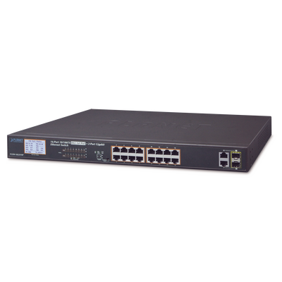 Switch no administrable PoE+ Extended, Aislamiento VLAN de 16 puertos + 2 combo TP/SFP Gigabit y Pantalla - ABD Systems