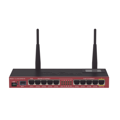 Router Board, 10 Puertos Ethernet, 1 Puerto SFP, Wi-Fi de Gran Cobertura 2.4 GHz Antenas de 4 dBi, hasta 1 Watt de potencia